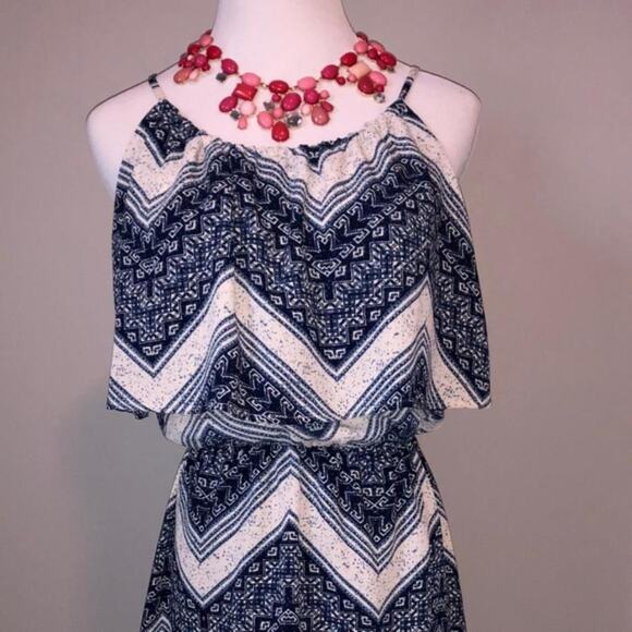 NEW NWT Boutique Navy Ivory Chevron Ruffle Mini Dress Sundress Small - Picture 3 of 4